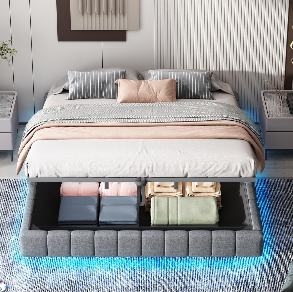 POLSTERBETT 180/200 cm Grau mit Stauraum und LED-Beleuchtung aus Leinen - Grau, Textil (180/200cm) - OKWISH
