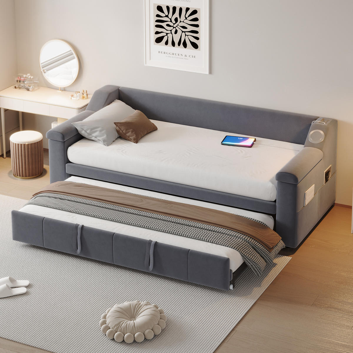 ROZKLÁDACÍ pohovka, 216/97/69 cm, samet šedá, 90/190 až 180/190 cm s Bluetooth a USB - šedá, textil (97/69/216cm) - BEAOK