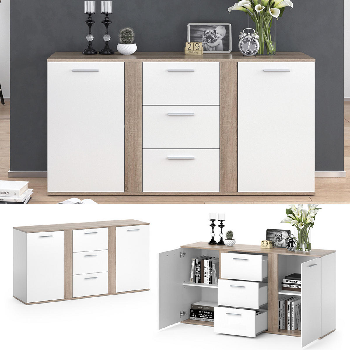 KOMMODE Novelli Sonoma 155 x 80 cm mit Schubladen - Sonoma Eiche, Holzwerkstoff (40/80/155cm) - Vicco