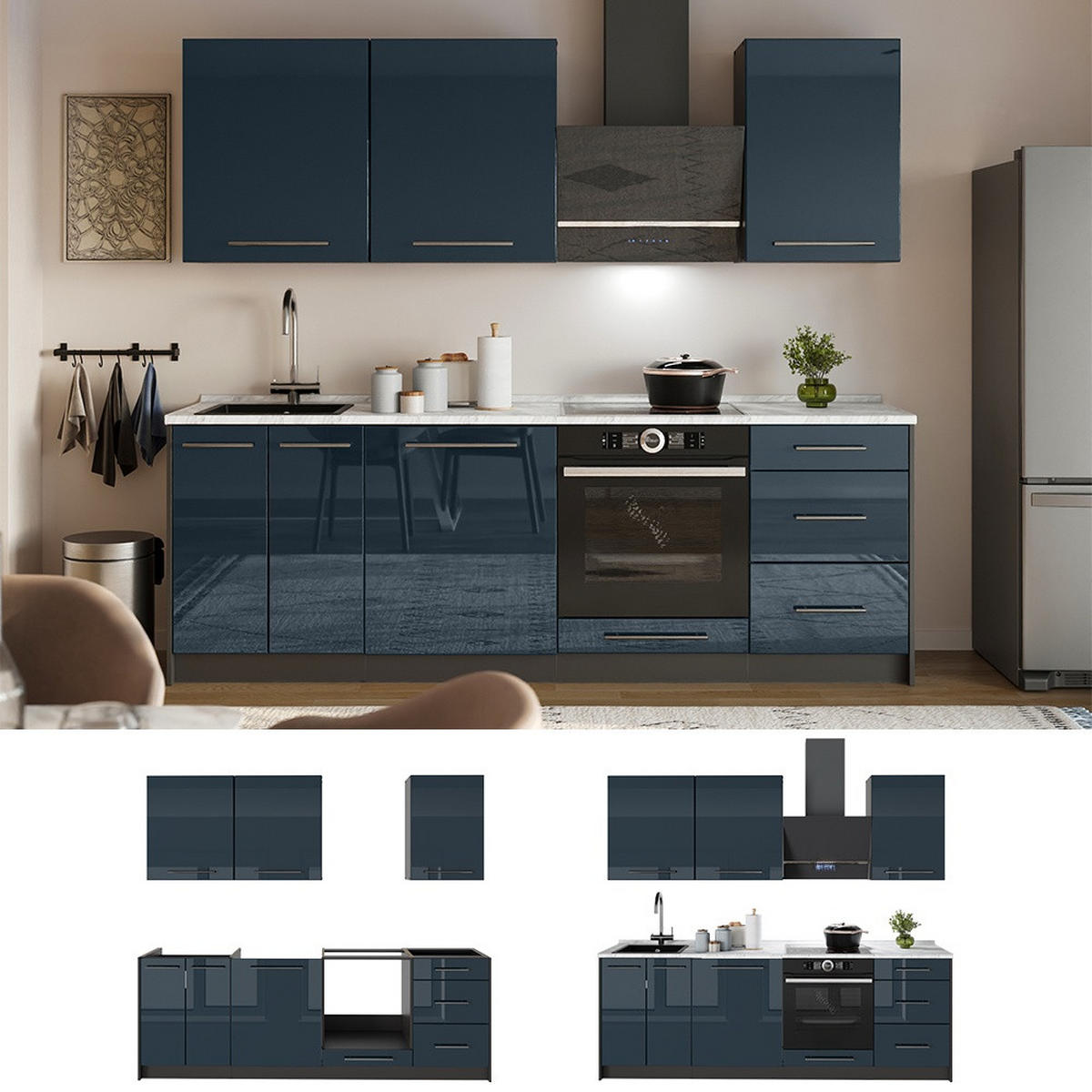 CHICINETĂ Fame-Line, Albastru închis înalt lucios/antracit, 230 cm, AP Stejar - albastru închis/antracit, compozit lemnos (230/206.8/60cm) - Vicco