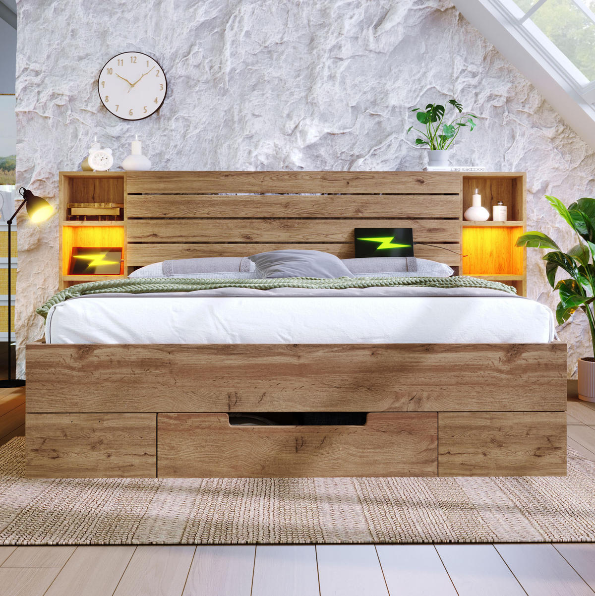 POLSTERBETT aus Holz & Metall 160x200 cm in Eiche mit LED & Matratze - Eichefarben, Holz (160/200cm) - Modfu