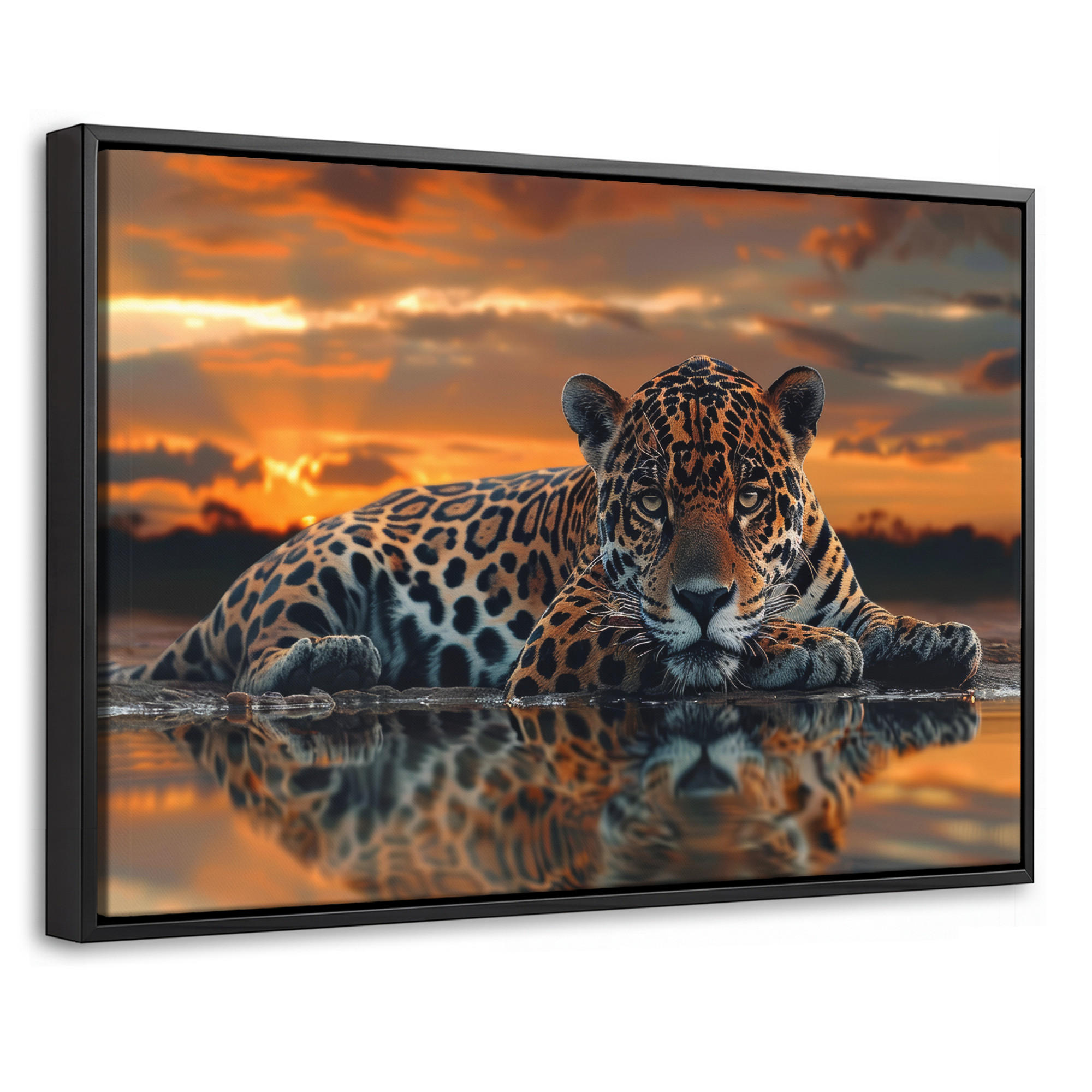 LEINWAND Bilder mit Rahmen - Natur - Leopard - Tier - Sonnenuntergang - Modern - 30x20 - Orange, Textil (30/20cm) - MuchoWow