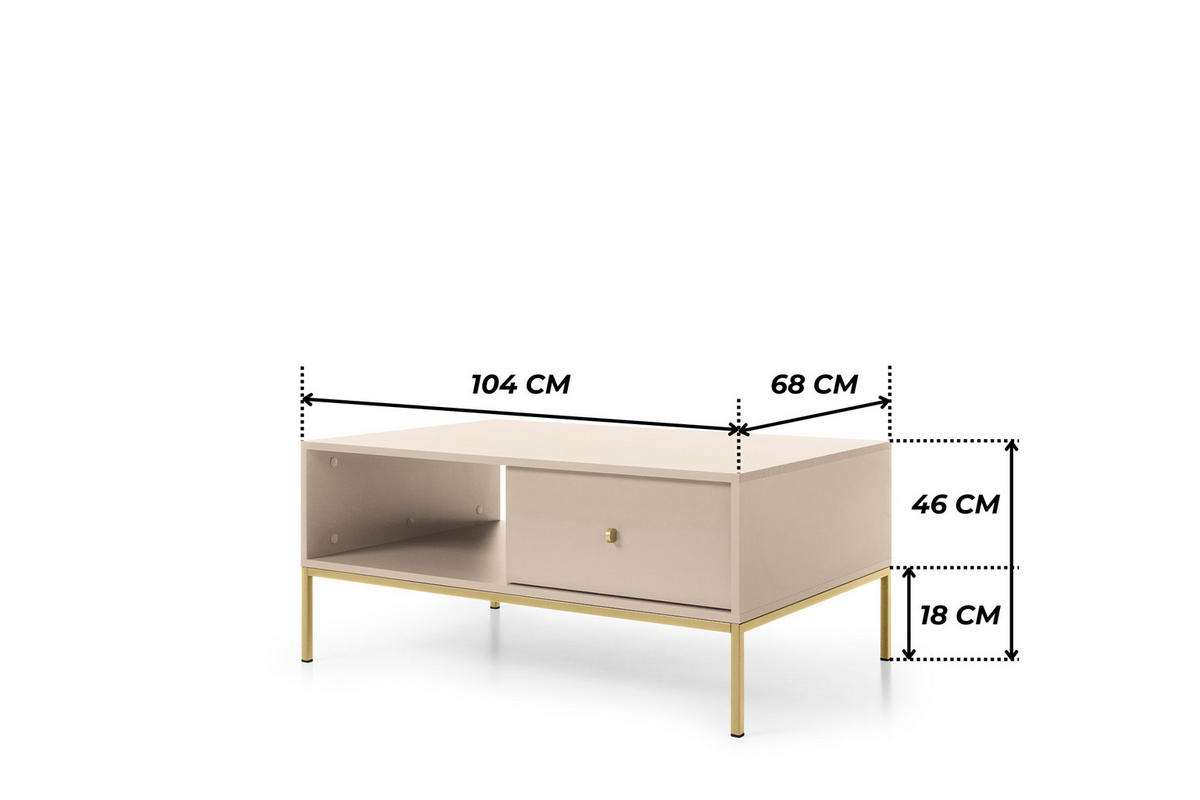 COUCHTISCH BARI Ł2SZ (Beige, Goldene Griffe, Goldenes Gestell, Schubladen) - Beige/Goldfarben, Holz/Holzwerkstoff (68/104/46cm) - Ravio