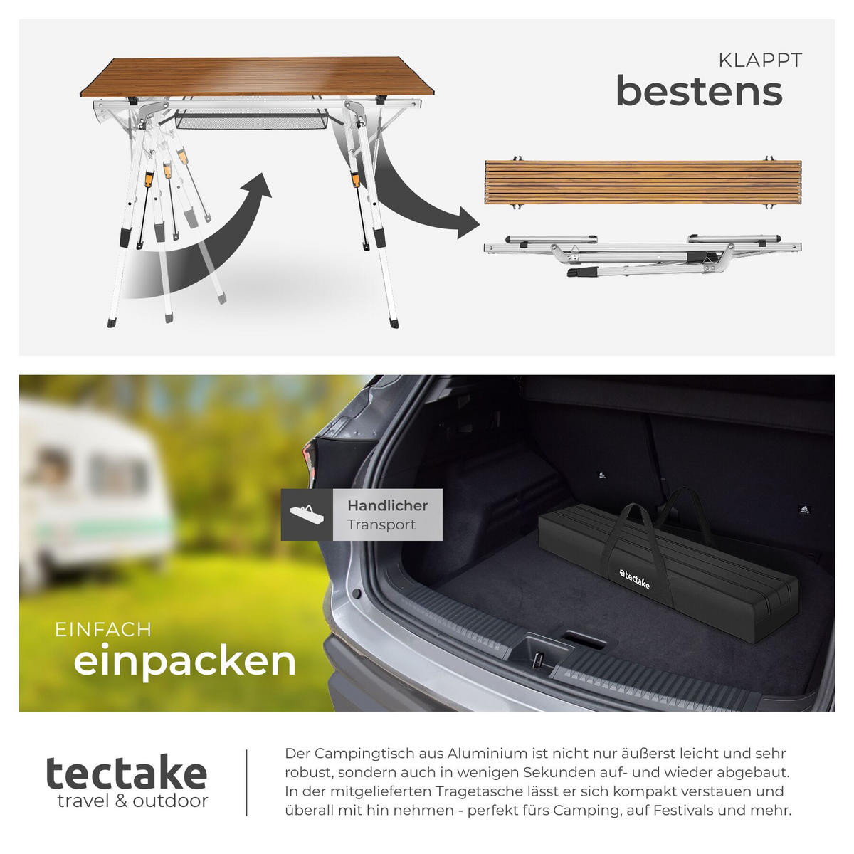 CAMPINGTISCH aus Aluminium Tina, 90 x 52 x 47 - 70 cm, Holzoptik - Braun, Metall (90/52/70cm) - tectake