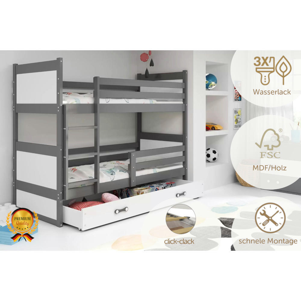ETAGENBETT Rico mit Lattenrost und Schublade 190x90cm Grau - Weiß/Grau, Holz/Holzwerkstoff (90/190cm) - Interbeds