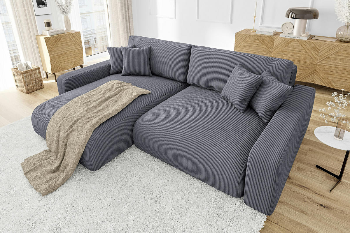 ECKSOFA Emma Grau Cord - Ottomane links - Grau, Textil (234/170cm) - S-Style Möbel