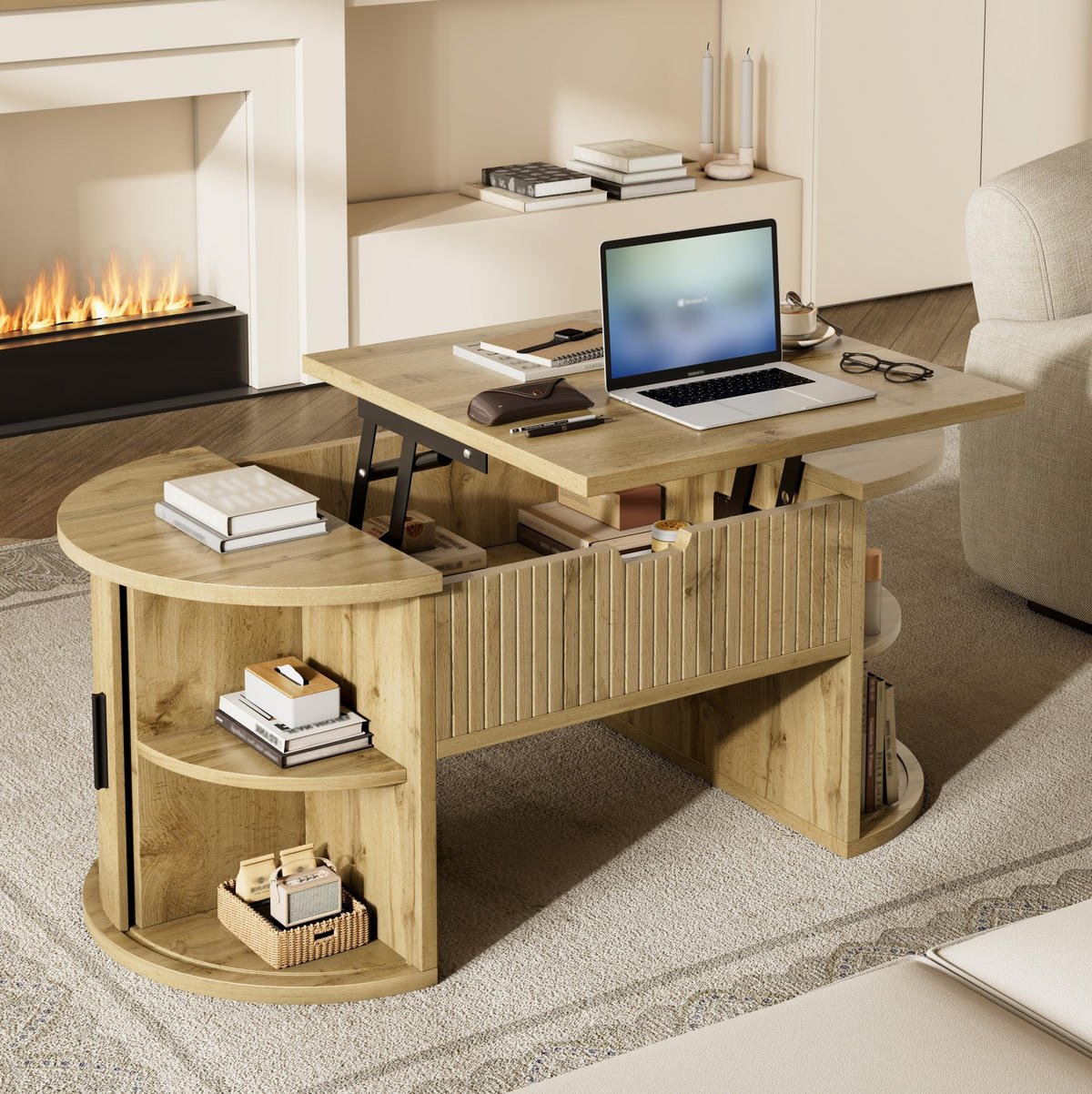 KONFERENČNÍ stolek 100/50/40,5 cm dubový z MDF s výškově nastavitelnou deskou a posuvnými dvířky - barva dubu, kompozitní dřevo (100/50/40.5cm) - OKWISH