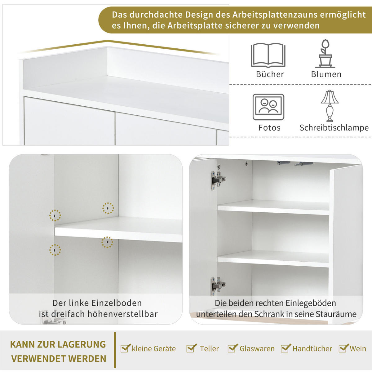 SIDEBOARD, Kommode mit 4 Türen, Verstellbaren Einlegeböden und goldenen Metallrahmen, Weiß - Weiß, Holz (30/80/120cm)