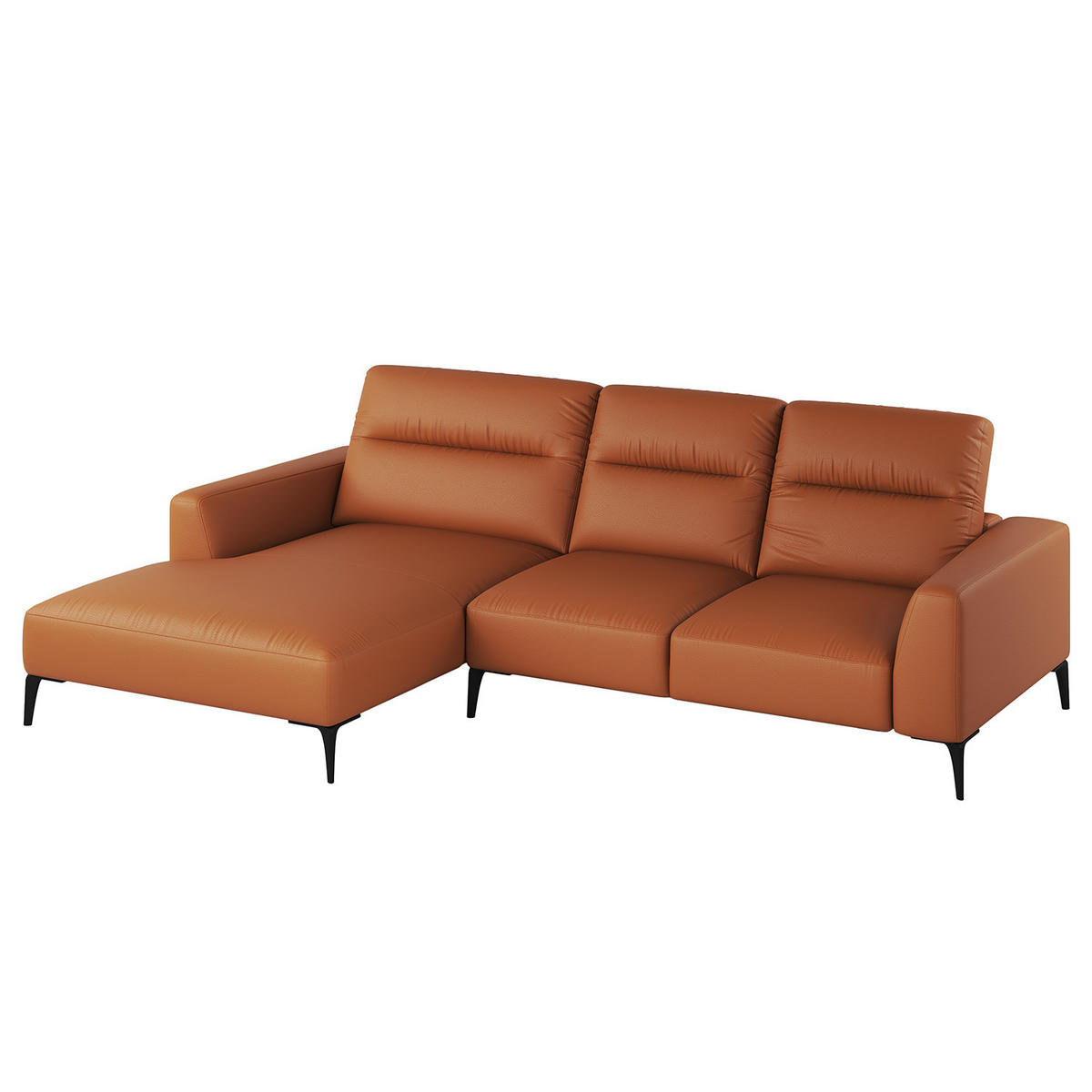 ECKSOFA mit Longchair - Kastanienfarben/Schwarz, Leder/Metall (265/180cm) - home24