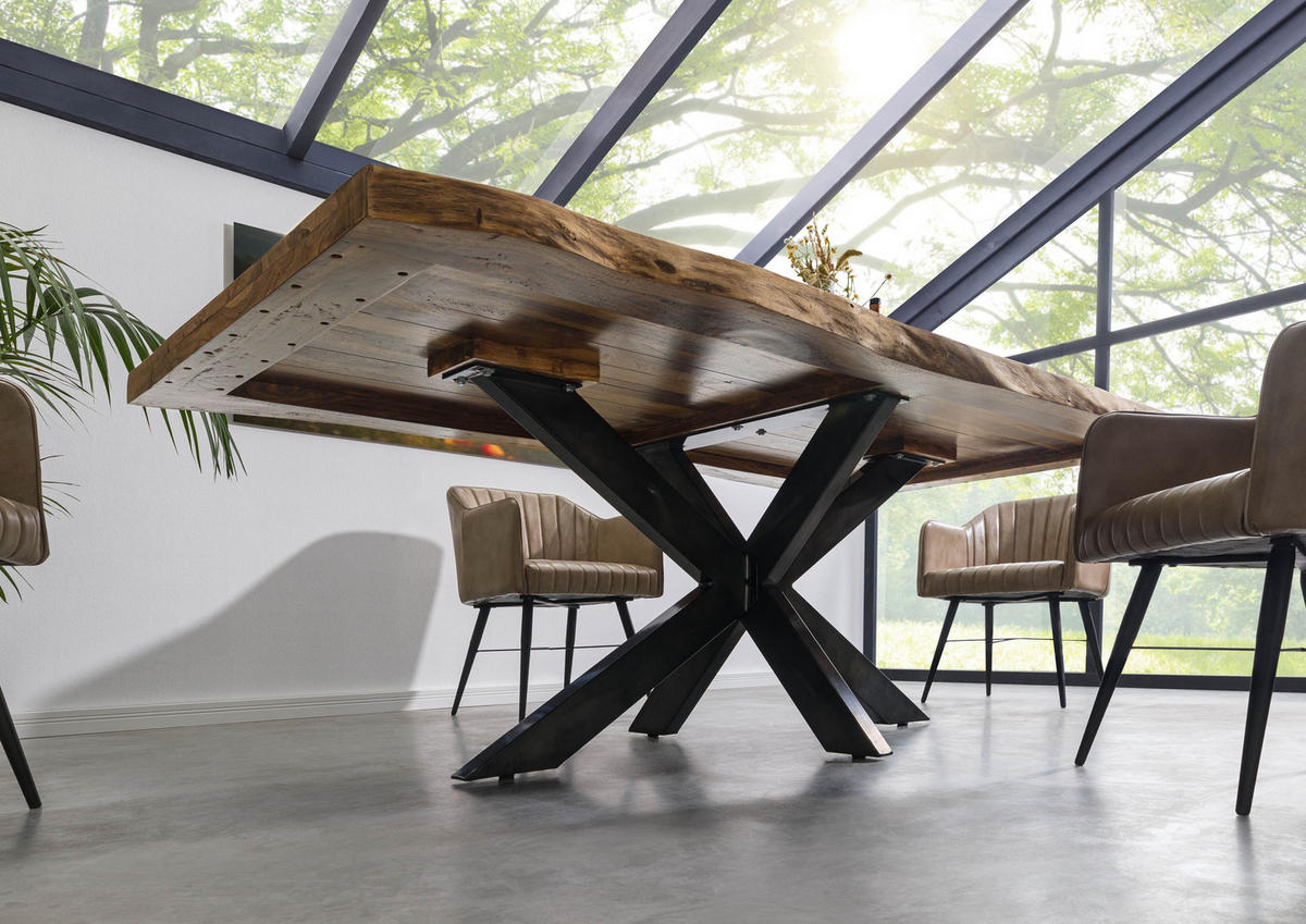BAUMTISCH Sheesham 220x100x77 natur gebeizt / Kreuzgestell anthrazit glänzend FREEFORM 5 - Naturfarben, Holz (220/100/77cm) - Massivmoebel24