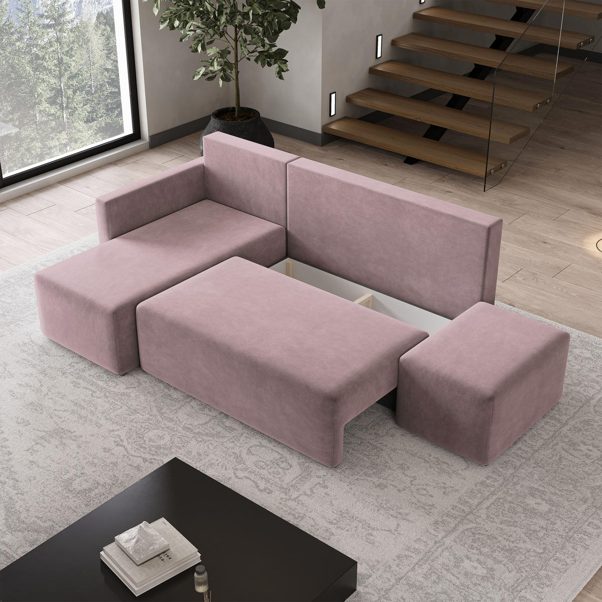 ECKSOFA VELOTTI L-S Rosa Plüsch-Stoff mit Schlaffunktion - Rosa, Holz (261/143cm) - MASSENO