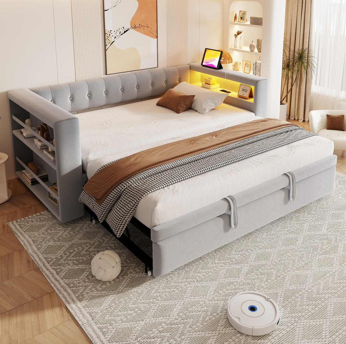 POLSTERBETT 90/180/190 cm aus Flanellstoff mit LED-Beleuchtung, Steckdose und Stauraum Hellgrau - Hellgrau, Textil - Modenvie