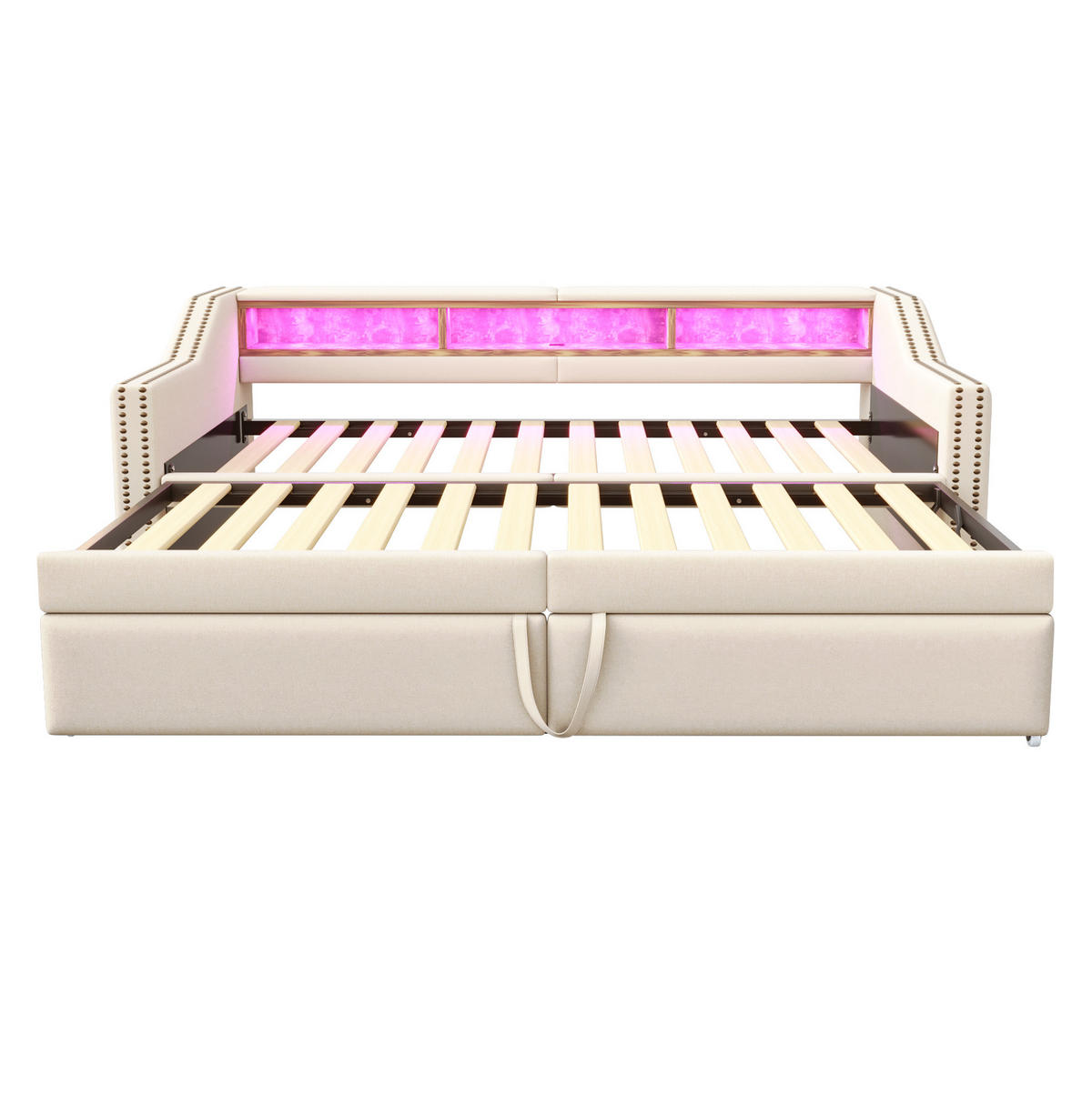 BETT aus Leinenstoff 90/180x200 cm Beige mit Ausziehbett, LED, USB und 3 Ablagefächern - Beige, Textil (90/200cm) - Modfu