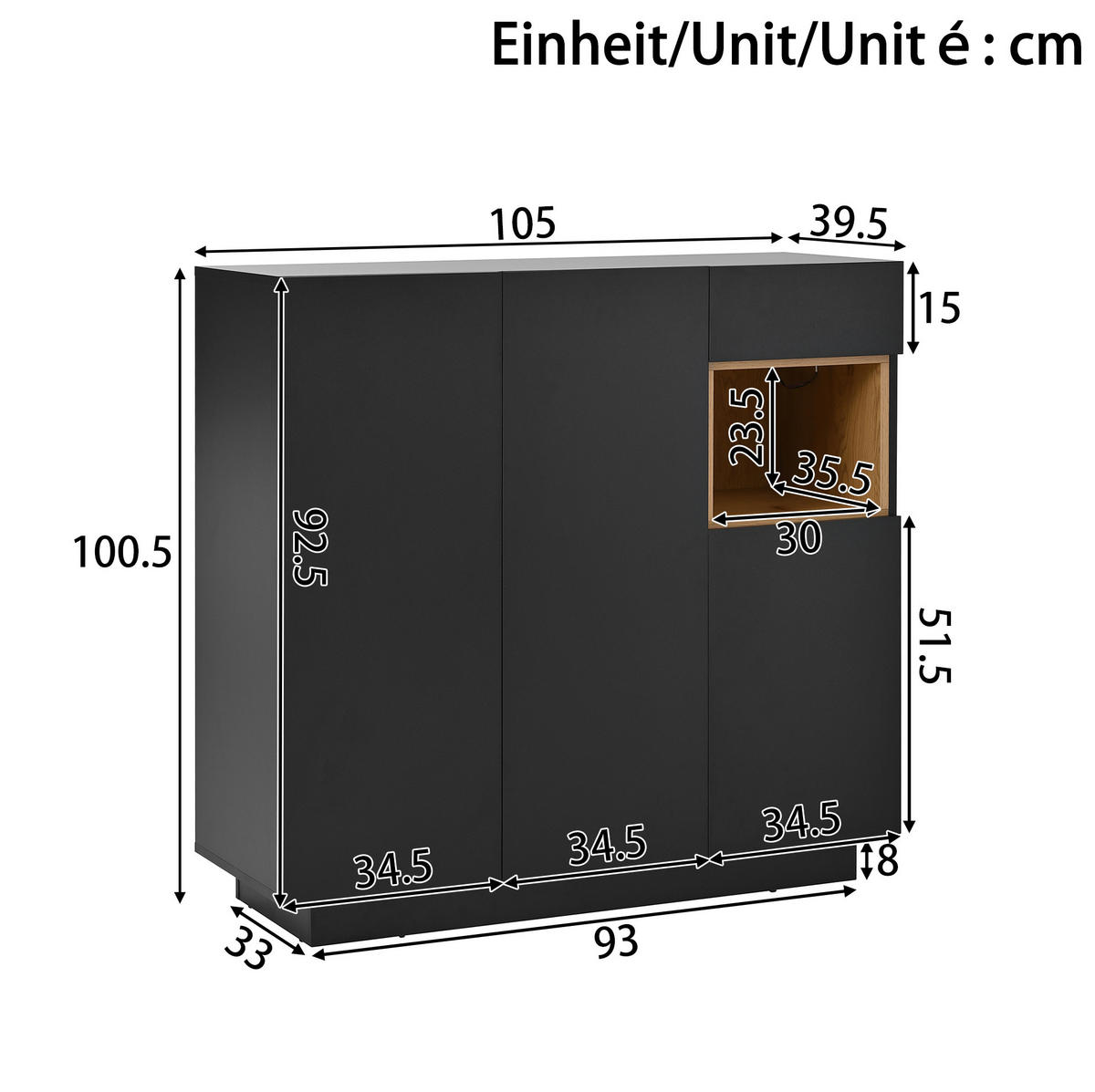 SCHUHSCHRANK 105/100,5/39,5 cm Schwarz und Natur aus Spanplatte mit LED-Beleuchtung - Schwarz, Holzwerkstoff (105/100/39cm) - OKMYHOME