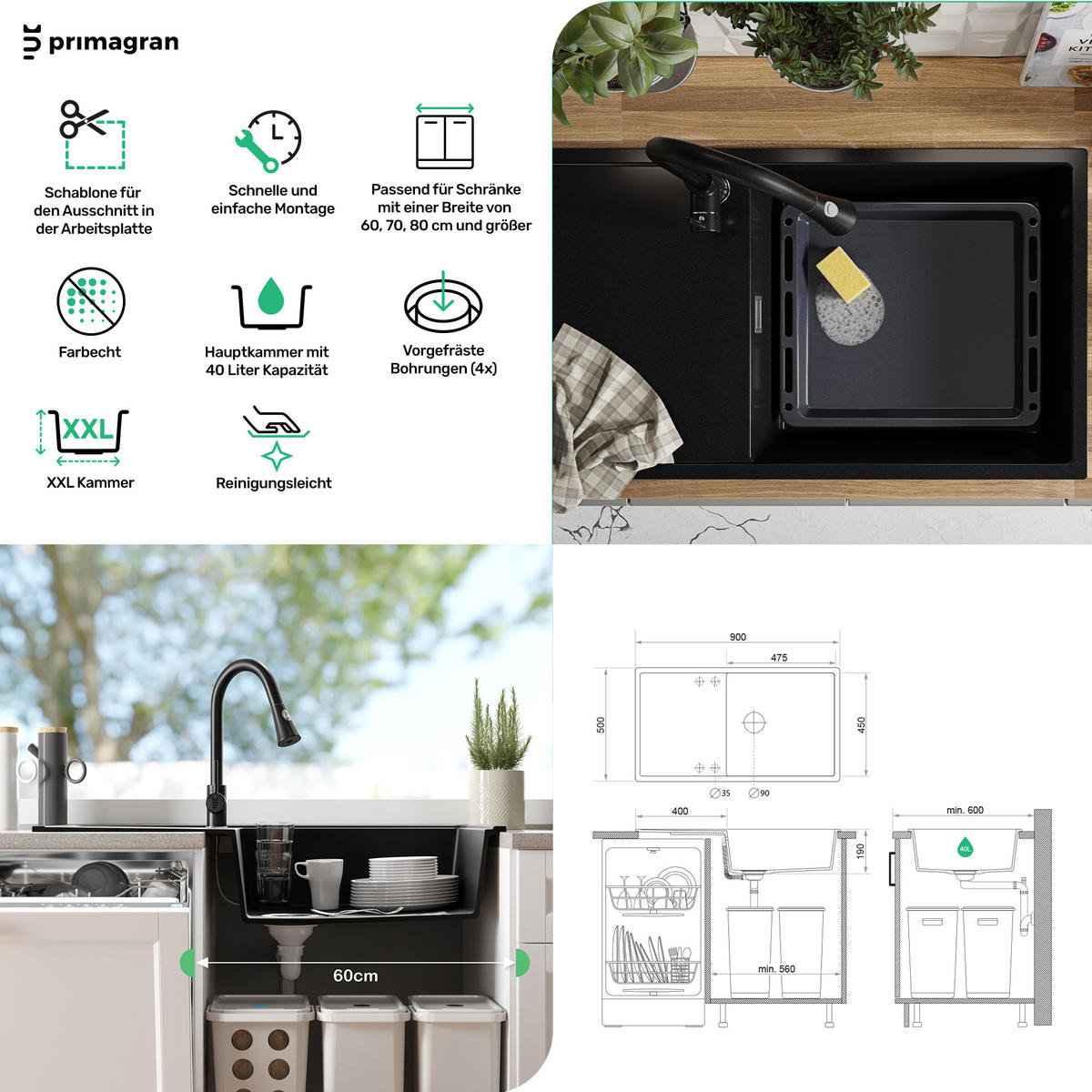 SPÜLBECKEN Ibiza, 2-er set Schwarz 90/50 cm 1 Becken + Ablauf-Set ab 60er Unterschrank - Chromfarben/Schwarz, Kunststoff (90/19/50cm) - Primagran