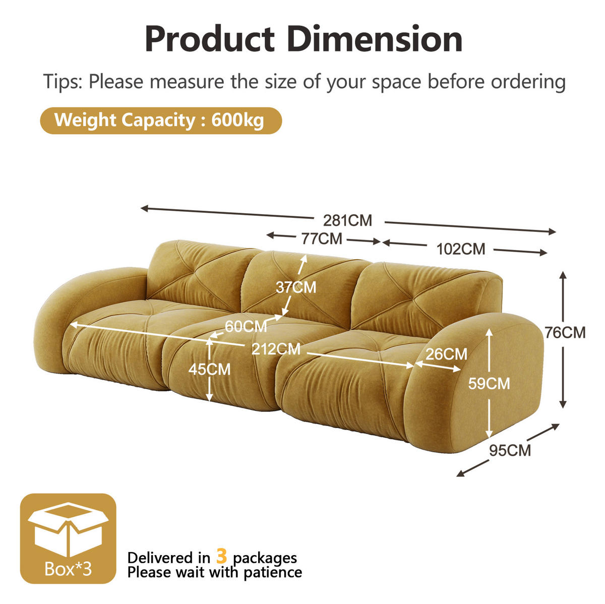 SOFA rahmenloses Modulsofa Chenille Gelb - Gelb, Kunststoff (95/76/281cm) - Meubliv