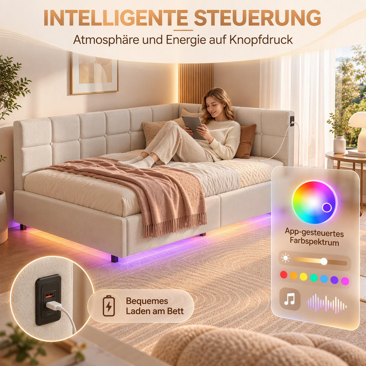 TAGESBETT 90/200 cm in Beige mit LED, Stauraum & USB-Ladestation - Beige, Holz/Metall (90/200cm) - PARAFTA HOME