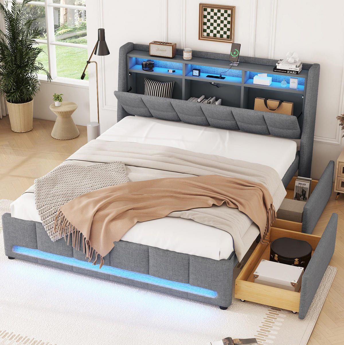 ČALÚNENÁ posteľ 140/200 cm s LED ambientným osvetlením, USB portom, úložným priestorom a 2 zásuvkami, Sivá - sivá, textil (140/200cm) - Redom
