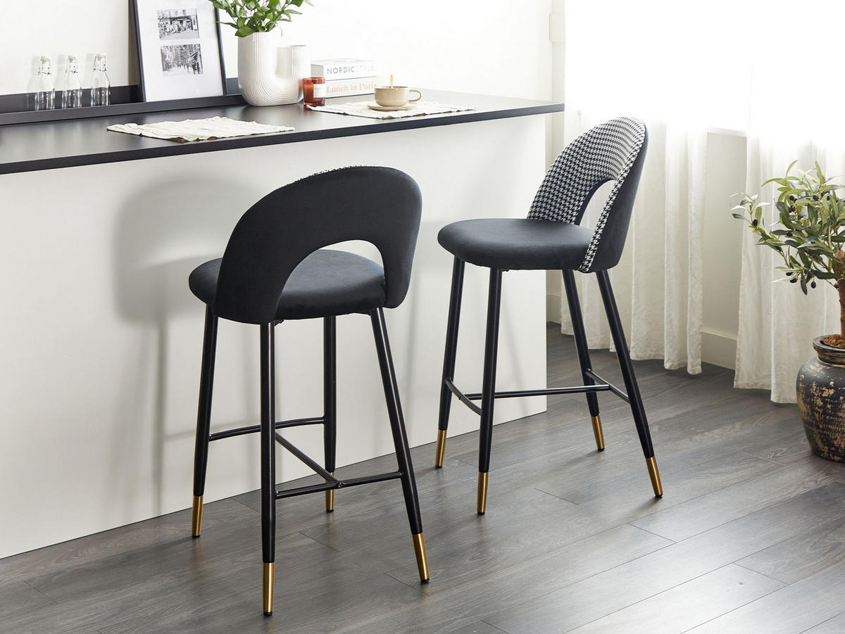 BARSTUHL 2er-Set Samtstoff Schwarz-Weiß Falton - Schwarz, Textil/Metall (48/98/49cm) - Beliani