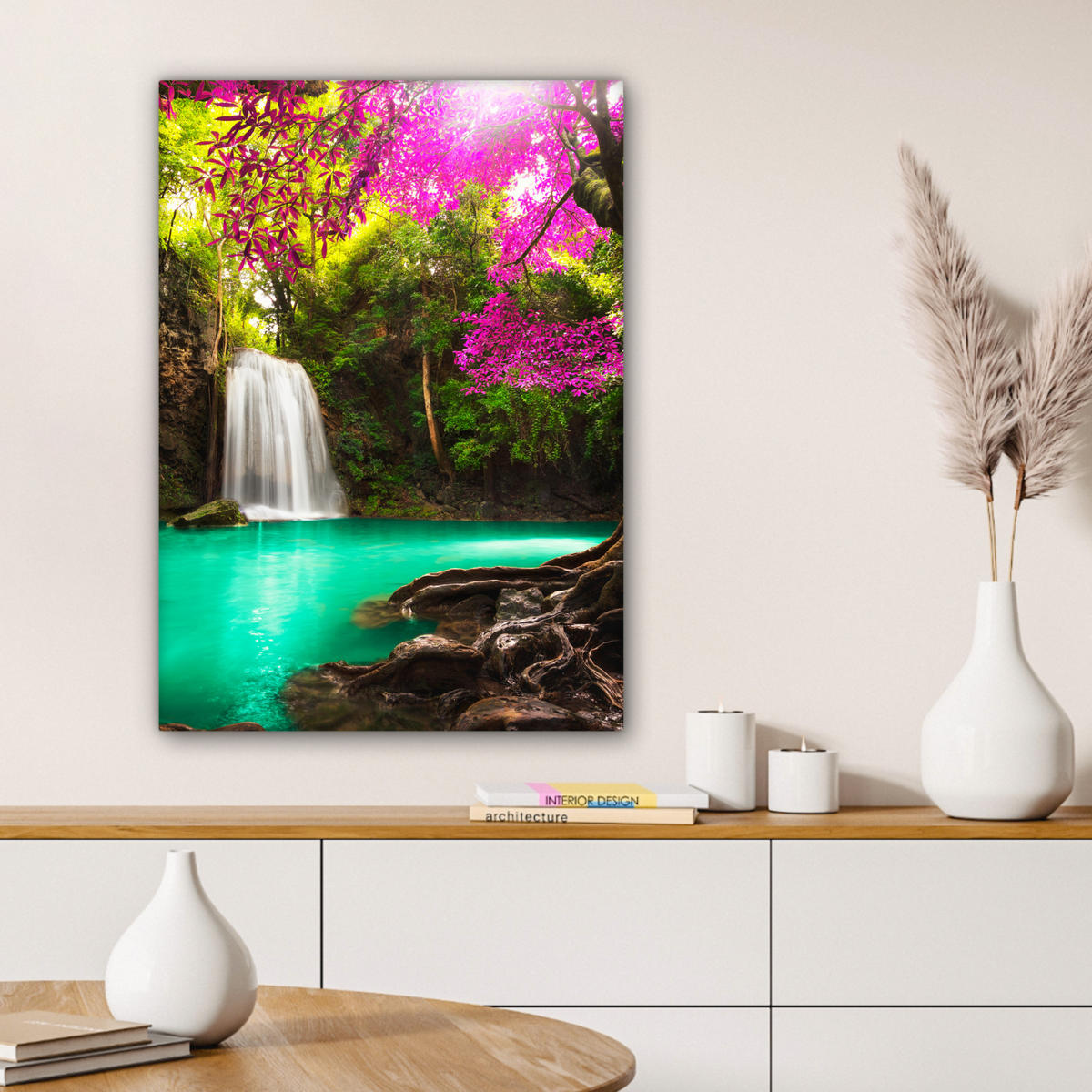 LEINWANDBILD Wasserfall mit bunten Blumen und Bäumen - Natur - Dschungel 60x80 cm - Waldgrün, Textil (60/80cm) - MuchoWow