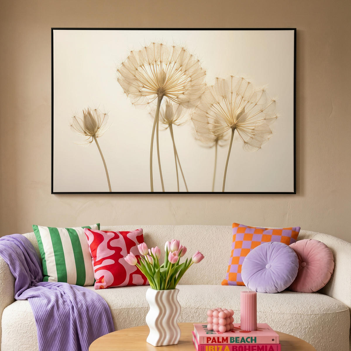 LEINWAND Bilder mit Rahmen - Sonnenlicht - Löwenzahn - Botanisch - Blumen - 140x90 - Creme, Textil (140/90cm) - MuchoWow