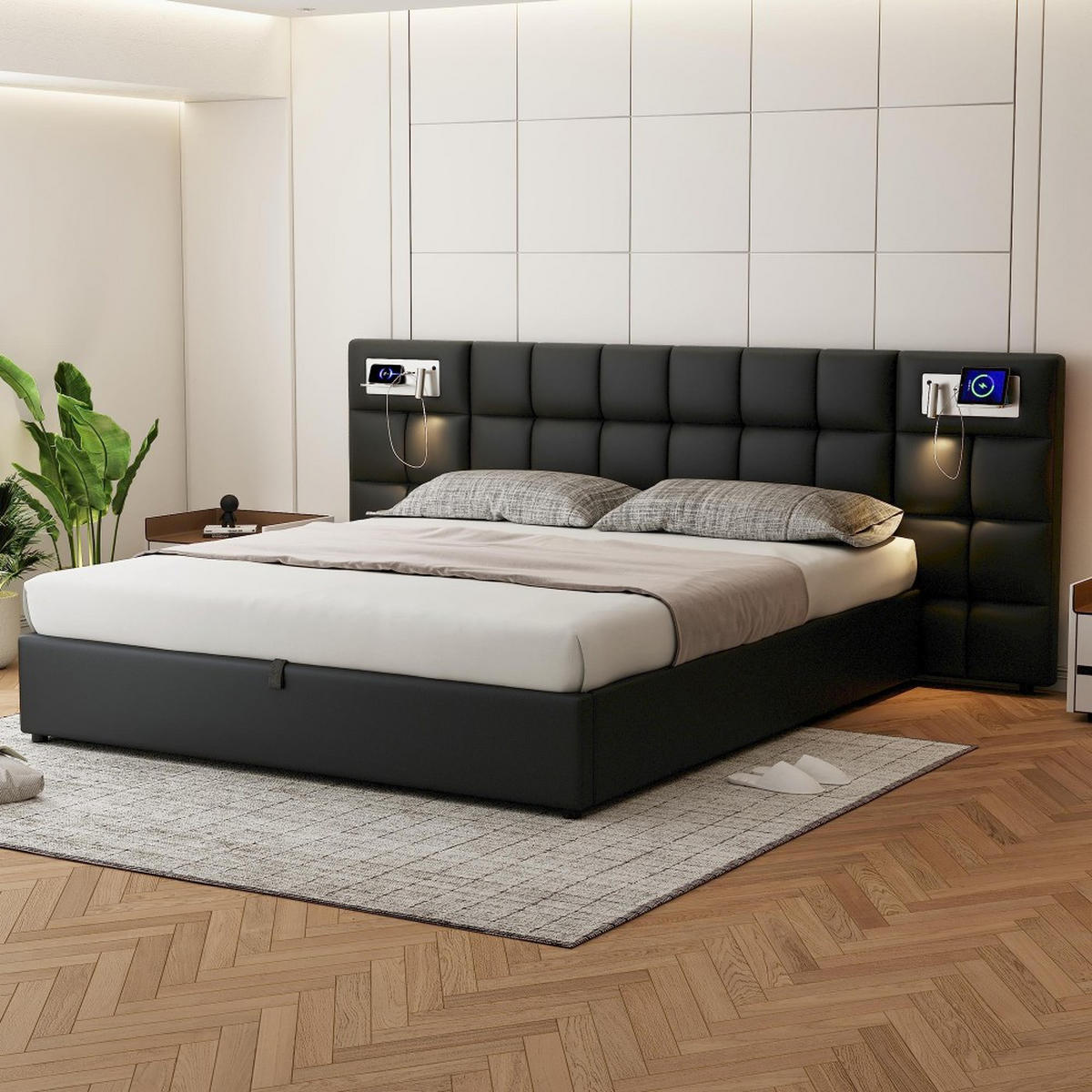 POLSTERBETT 180x200 cm in Schwarz PU mit Stauraum - Schwarz, Holz/Textil (180/200cm) - KOMHTOM