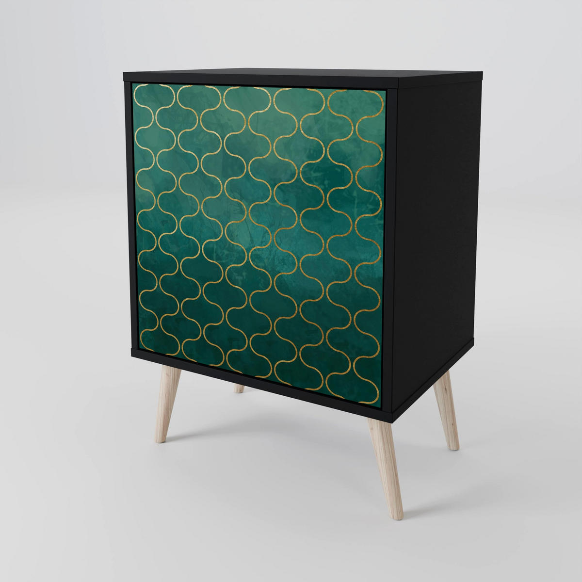 SIDEBOARD TESSELATED GREENERY, Schwarz, 57,5x42x70,5 cm, Schwarze Metall-Sternfüße - Multicolor/Schwarz, Holzwerkstoff/Metall (57.5/70.5/42cm) - SpaceRebels