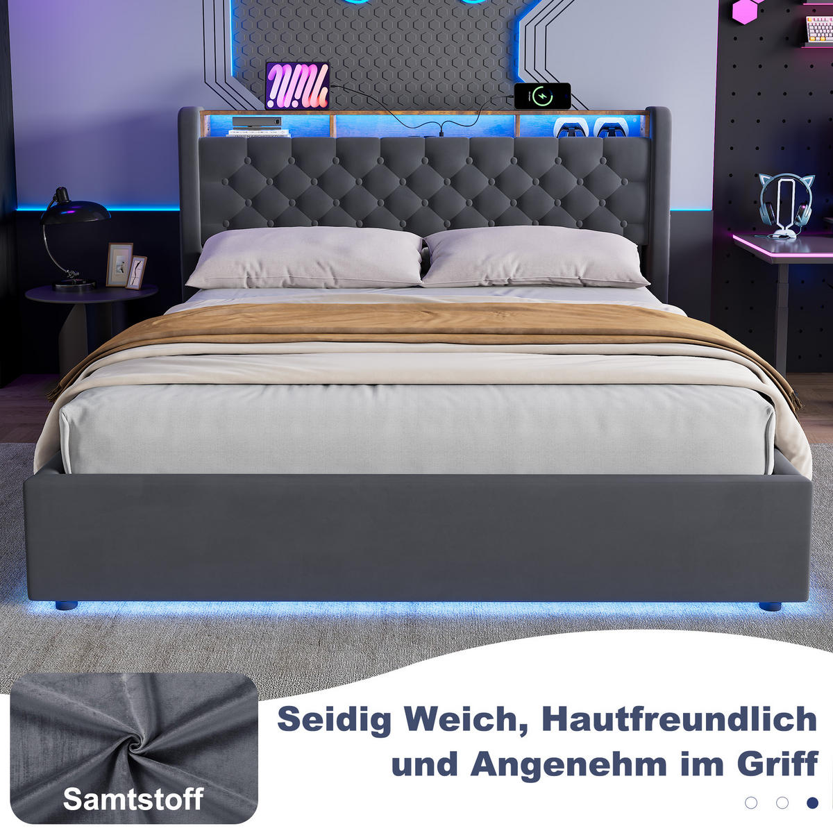 POLSTERBETT mit Stauraum-Kopfteil 160 x 200 cm Samt Dunkelgrau - Grau, Holzwerkstoff (160/200cm) - Beauniv