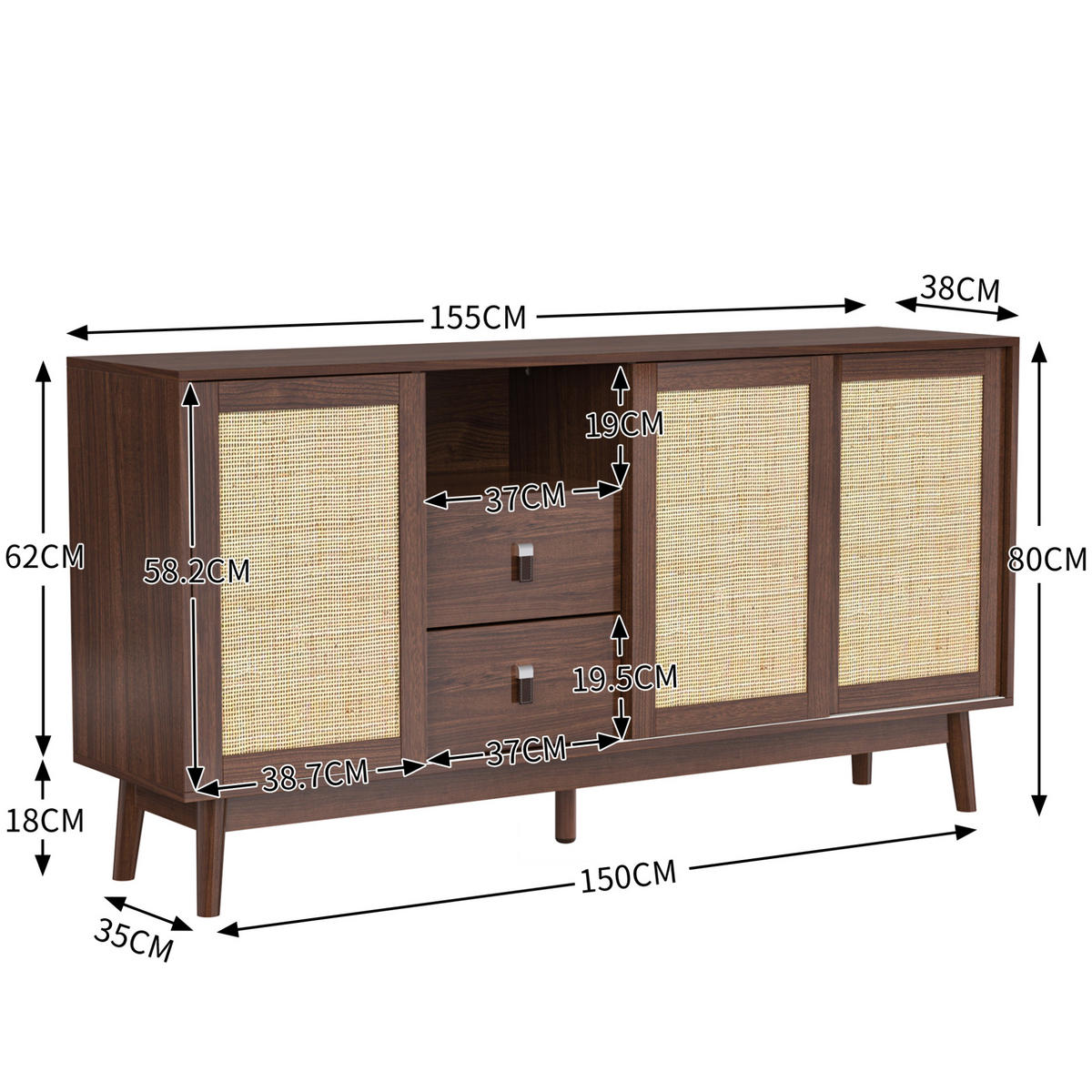 SIDEBOARD 155/38/80 cm Dunkles Holz aus MDF und Spanplatte mit Schiebetüren - Nussbaumfarben, Holzwerkstoff (38/80/155cm) - OKMYHOME