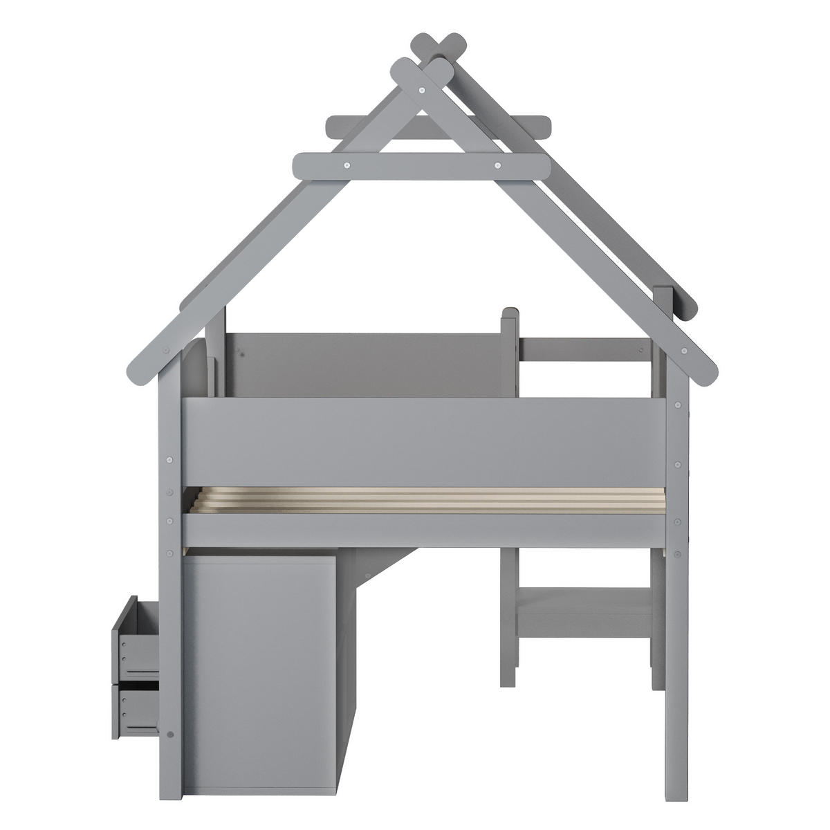 KINDEREINZELBETTEN aus Massivholz 90 x 200 cm in Grau mit Rutsche & Stauraum - Grau, Holz (90/200cm) - Modfu