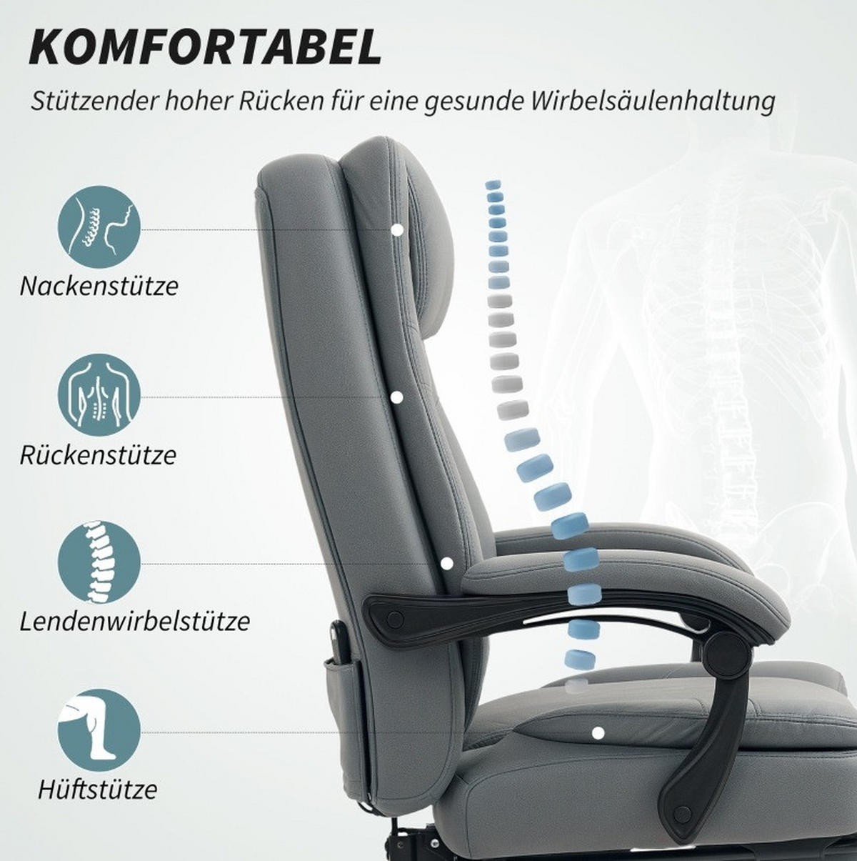 BÜROSTUHL in Grau 64x69x120 cm mit Massagefunktion, verstellbarer Rückenlehne und Fußstütze - Grau, Textil (69/120/64cm) - IVMEU