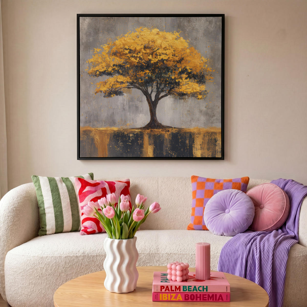 LEINWAND Bilder mit Rahmen - Baum - Blätter - Gold - Abstrakt - 90x90 - Grau, Textil (90/90cm) - MuchoWow