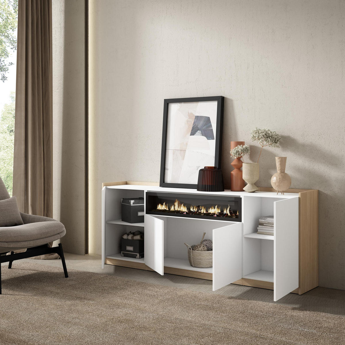 SIDEBOARD, Highboard, Weiß und Eiche Soft, Elektrokamin, 207/37/80cm - Weiß, Holzwerkstoff (207/80/37cm) - Skraut Home