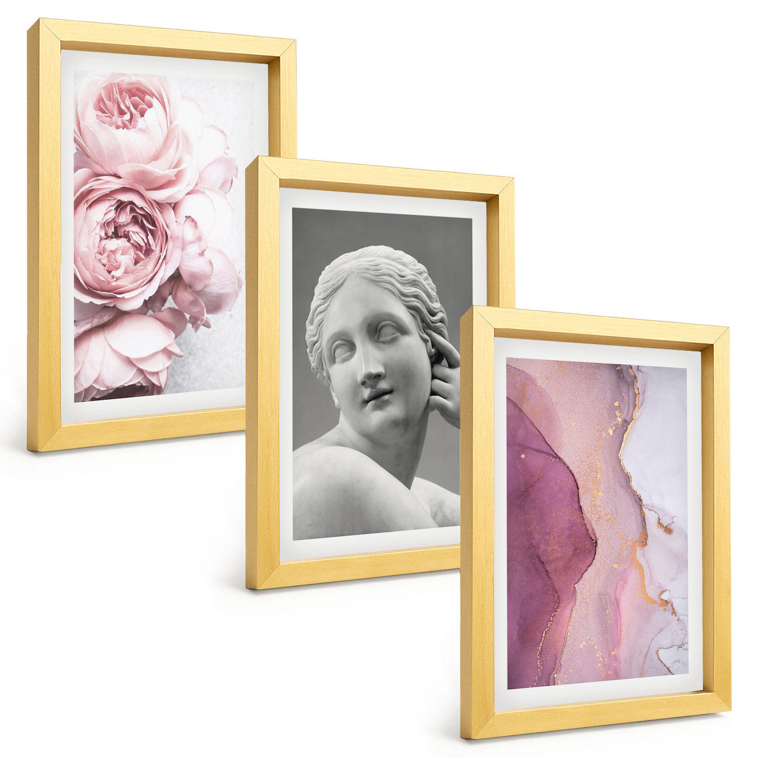 BILDER SET 3er Set - 20x30 cm Goldrahmen - Pfingstrosen abstrakte Frauenskulptur - Goldfarben, Kunststoff (20/30cm) - TULUP