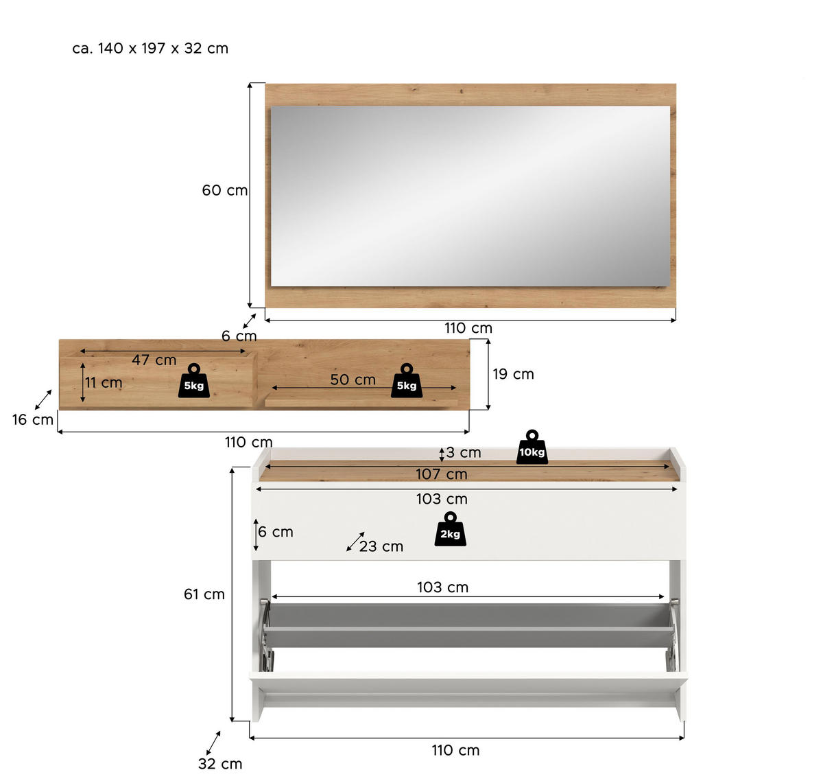 GARDEROBE Flow 3-tlg. (B/H/T: ca. 140/192/32 cm) in Weiß/weiß - Weiß, Holzwerkstoff (140/192/32cm) - Homes & Jones