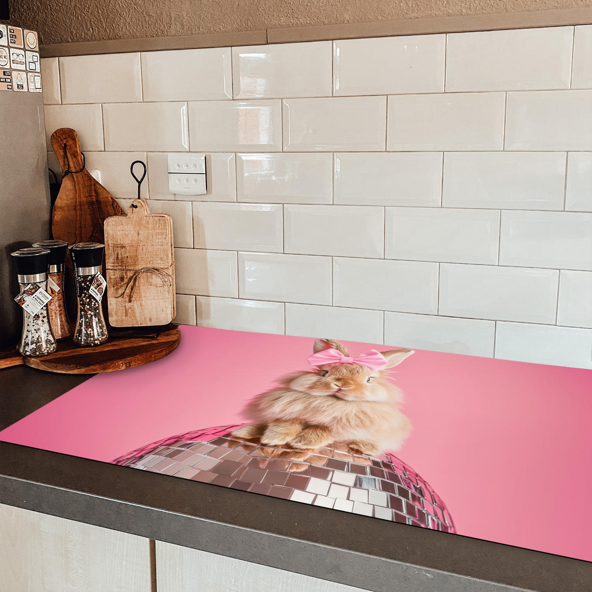 HERDABDECKPLATTE Schleife - Discoball - Kaninchen Induktionsschutz 91.6x52.7 cm - Pink, Kunststoff (91.6/52.7/0.2cm) - MuchoWow