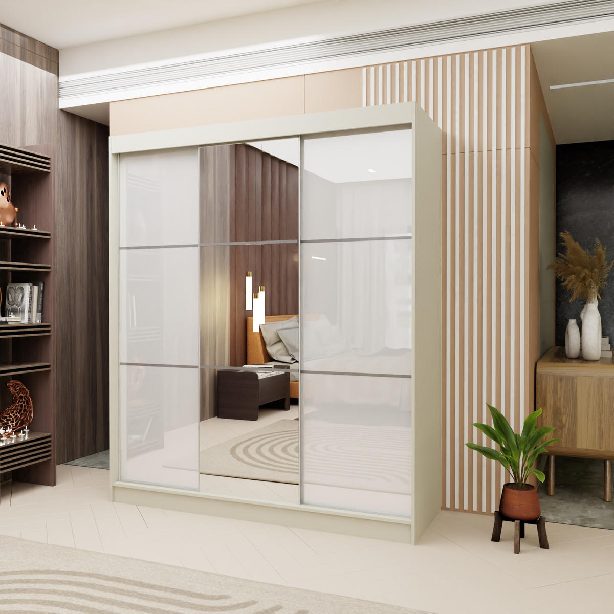 SCHWEBETÜRENSCHRANK VITALE 180/216/61 cm 3-türig mit Spiegel Kaschmir - Kaschmir/Weiß, Holzwerkstoff (180/216/61cm) - MASSENO