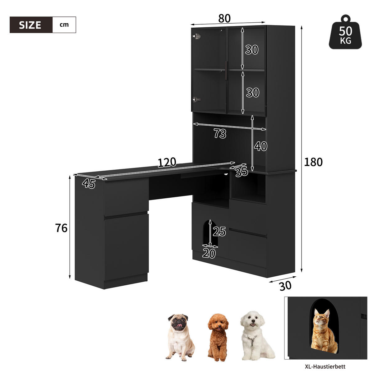 SCHREIBTISCH in Schwarz Eckschreibtisch mit Regal und LED-Vitrine für Wohnzimmer und Schlafzimmer, B120/T80/H180 cm - Transparent/Schwarz, Holzwerkstoff (80/120/180cm) - STILVORA
