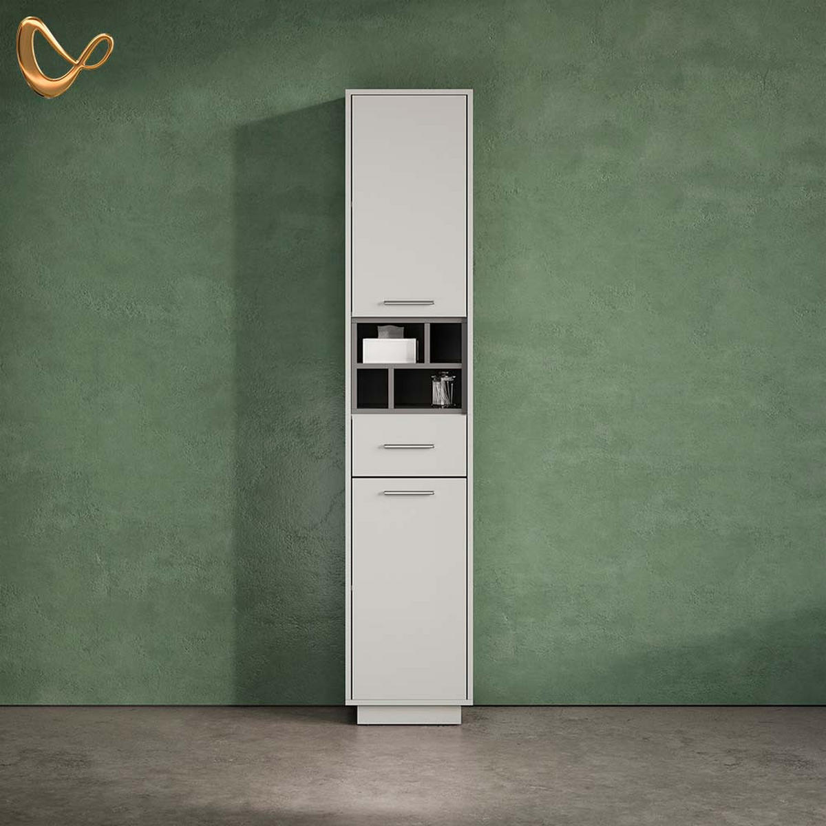 BADSCHRANK Temo Grau/Anthrazit 38 x 190 cm mit Türen, Schublade und offenen Fächern - Anthrazit/Grau, Holzwerkstoff (38/190/30cm) - Livinity®
