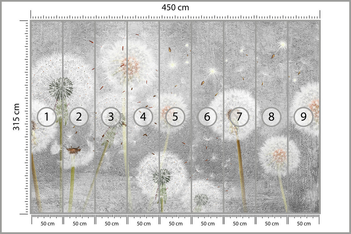 FOTOTAPETE für Schlafzimmer Retro Löwenzahn Beton Minimalistisch 450x315 - Gelb/Weiß, Papier (450/315cm) - Muralo