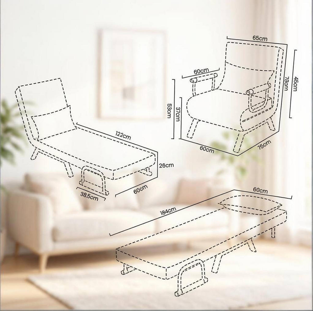 SCHLAFSESSEL 65/78/75 cm Beige aus Leinen mit verstellbarer Rückenlehne - Beige, Kunststoff (75/78/65cm) - OKWISH