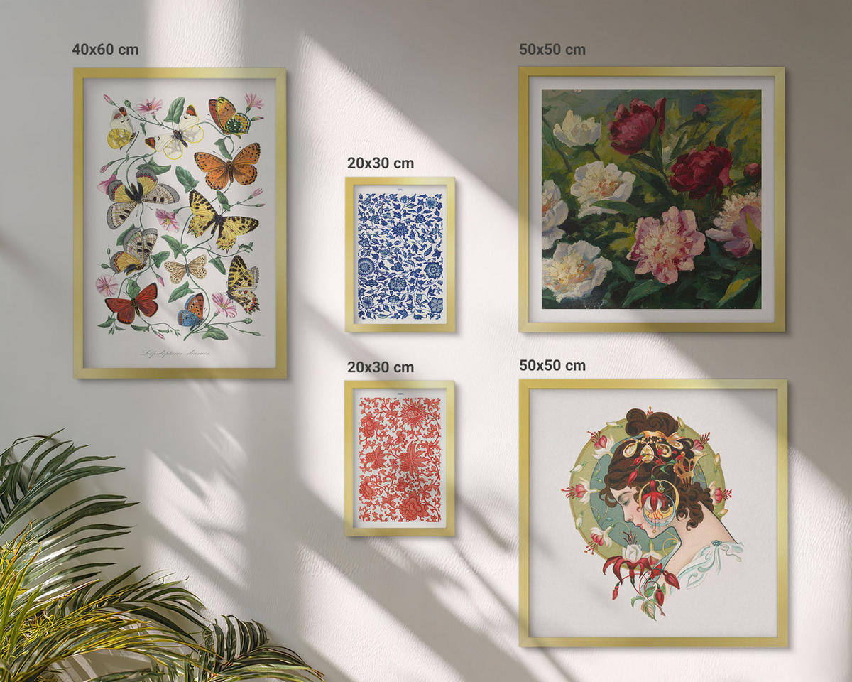BILDER SET 5er Set - 50x50 cm & 20x30 cm & 40x60 cm Goldrahmen - Vintage-Blumen-Schmetterlings-Ornamente - Goldfarben, Kunststoff (40/60cm) - TULUP