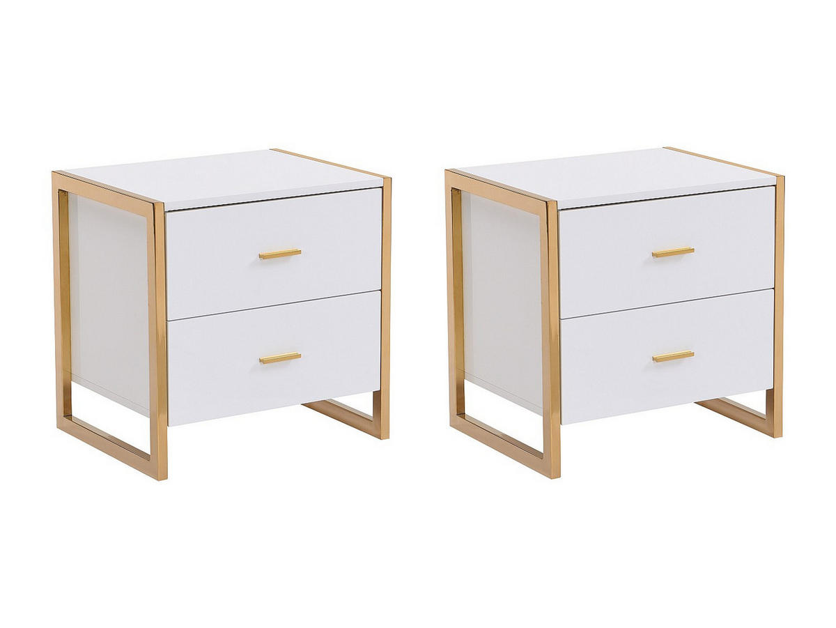NACHTTISCHE mit 2 Schubladen 2er-Set - MDF - Weiß lackiert & Goldfarben - OMBRELIA - Weiß, Holz (40/50/50cm) - Vente-Unique