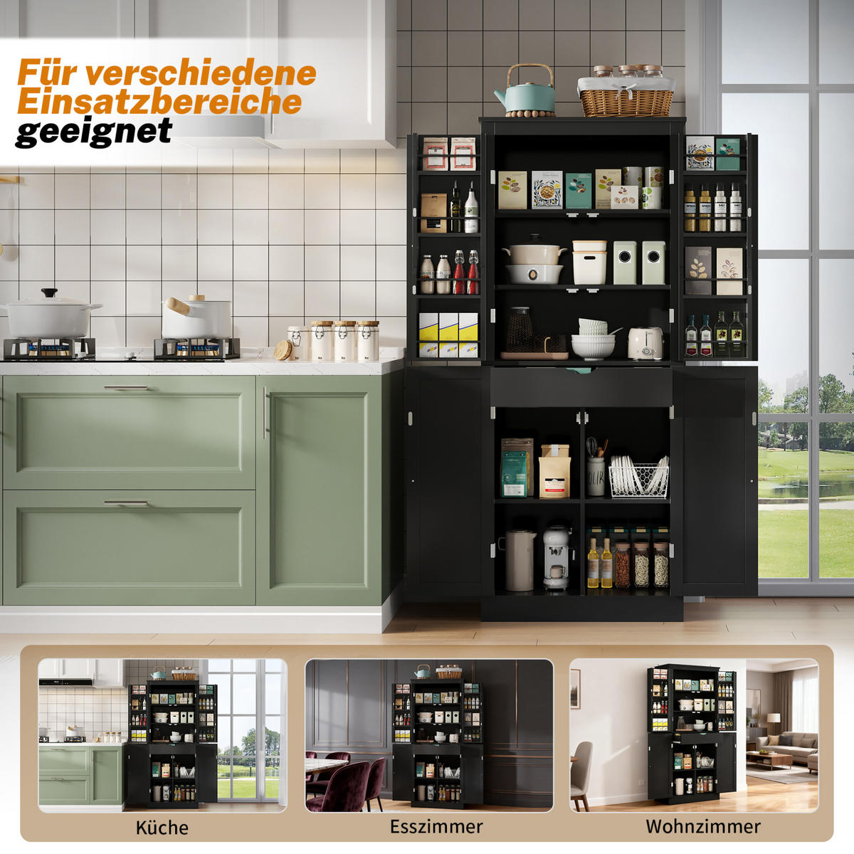 ANRICHTE Küchenschrank 75/40/182 cm aus MDF mit vielseitigem Stauraum Schwarz - Schwarz, Holzwerkstoff (75/180/40cm) - Modenvie