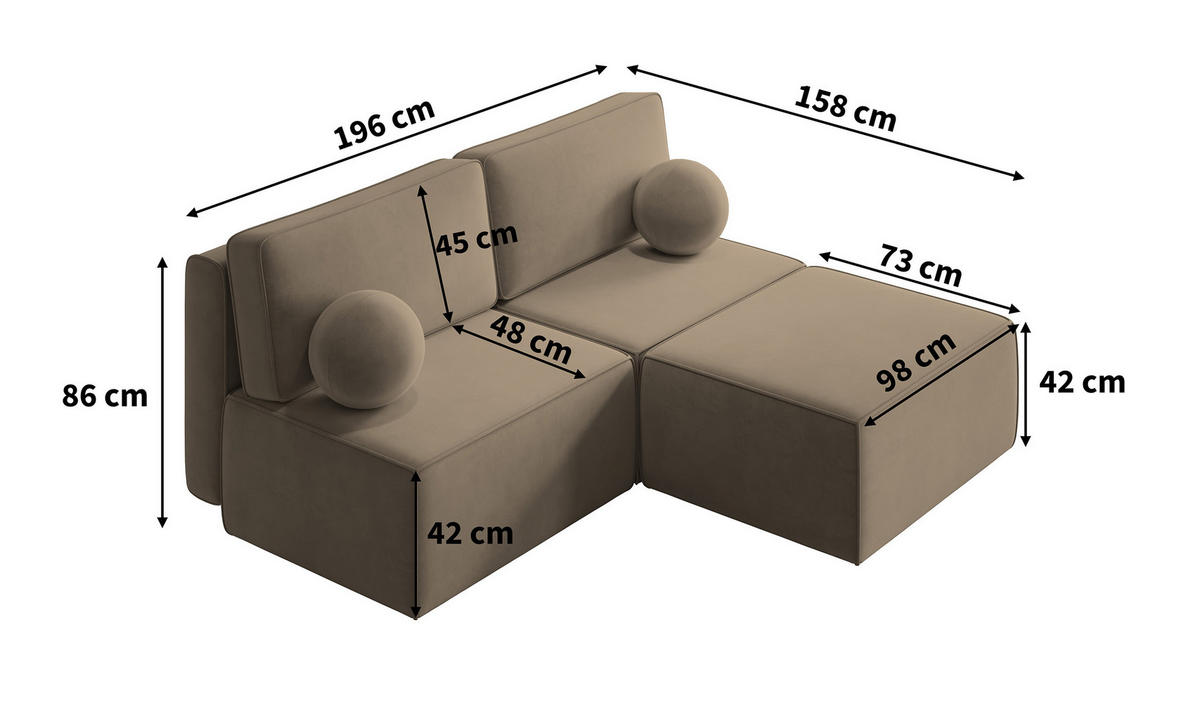ECKSOFA VARNA M Grau Velours-Stoff mit Schlaffunktion - Grau, Holz (196/158cm) - MASSENO