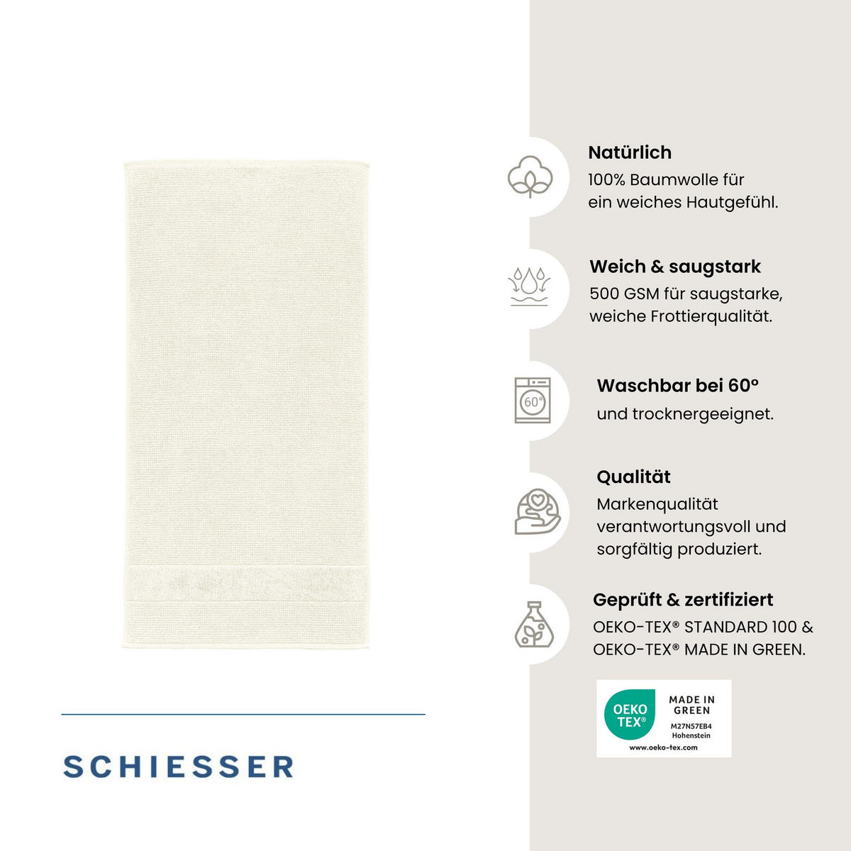 DUSCHTUCHSET Turin - 2-teilig - 70x140 cm - Offwhite - Weiß, Textil (70/140cm) - SCHIESSER