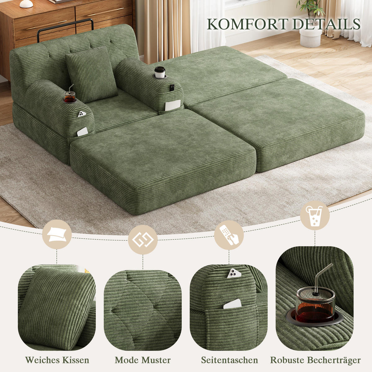 SCHLAFSOFA mit Hocker, Liegefunktion und Getränkehaltern aus Cord in Grün - Grün, Textil (191/60/162cm) - EVRYAE