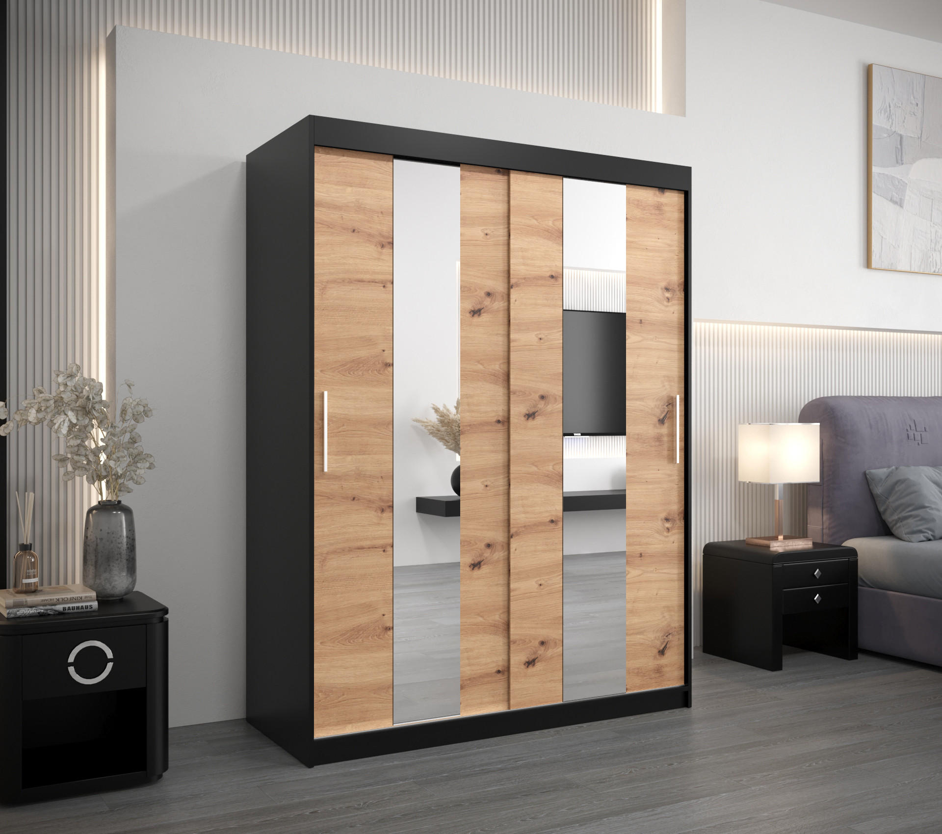 SCHWEBETÜRENSCHRANK 200/150/62 2-türig - Silberfarben/Schwarz, Holz/Kunststoff (150/200/62cm) - Abiks Möbel