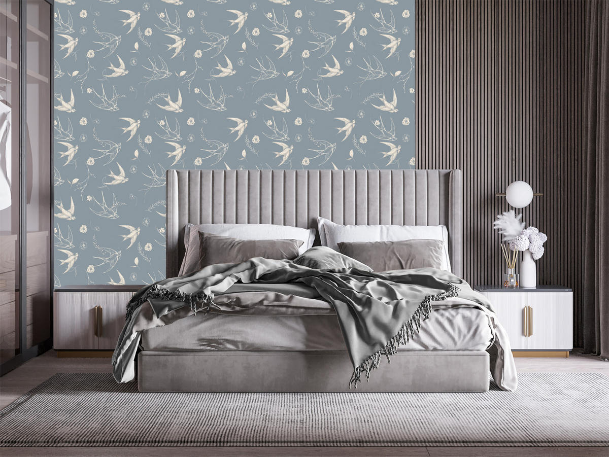 VLIESTAPETE Schwalben und Blüten – Blaugrau, Weiß – 50x1000 cm - Blaugrau/Weiß, Papier (50/1000cm) - Muralo