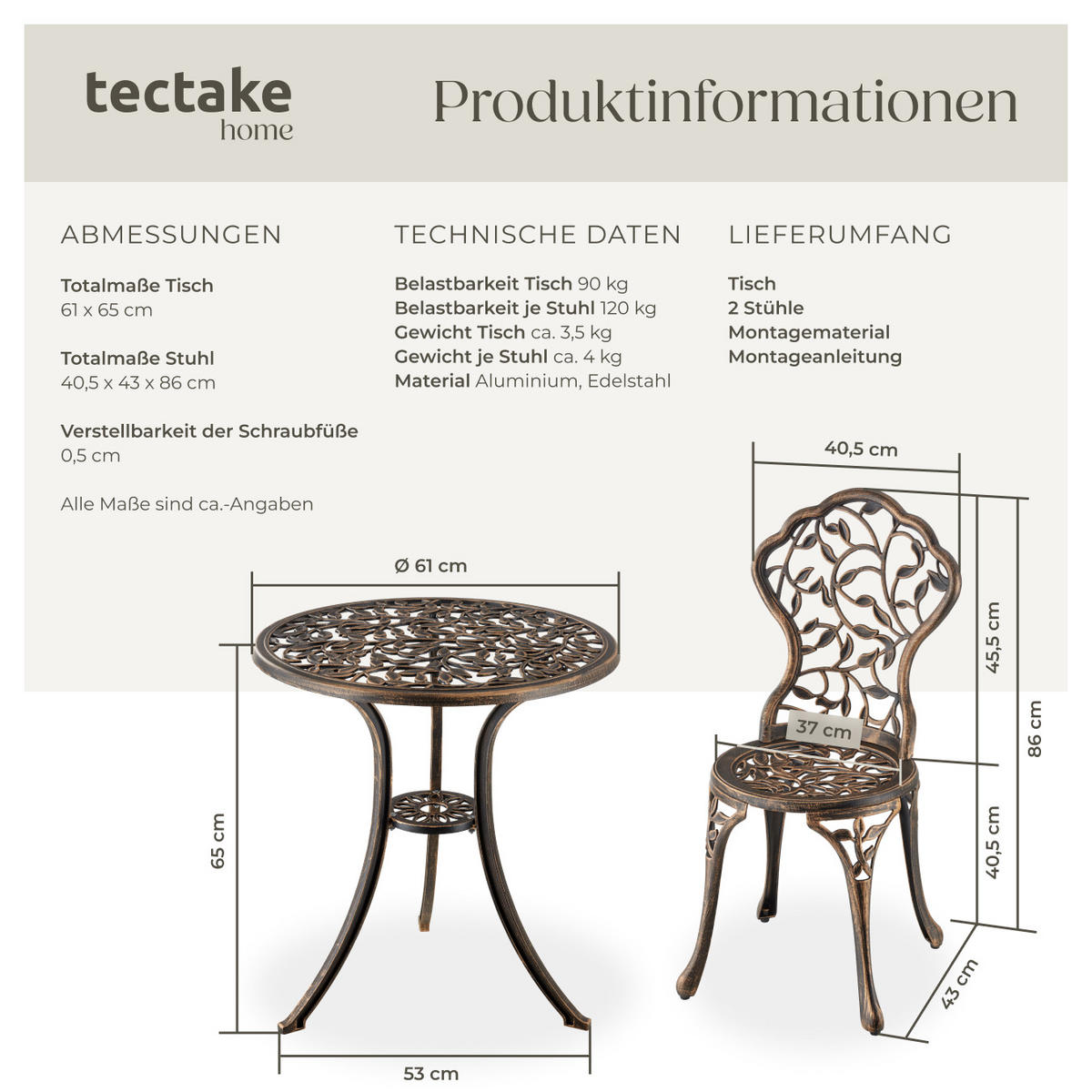 BISTROTISCH-SET Lyon,Belastbarkeit Stuhl 120 kg,schwarz/grau - Schwarz/Grau, Naturmaterialien/Metall - tectake